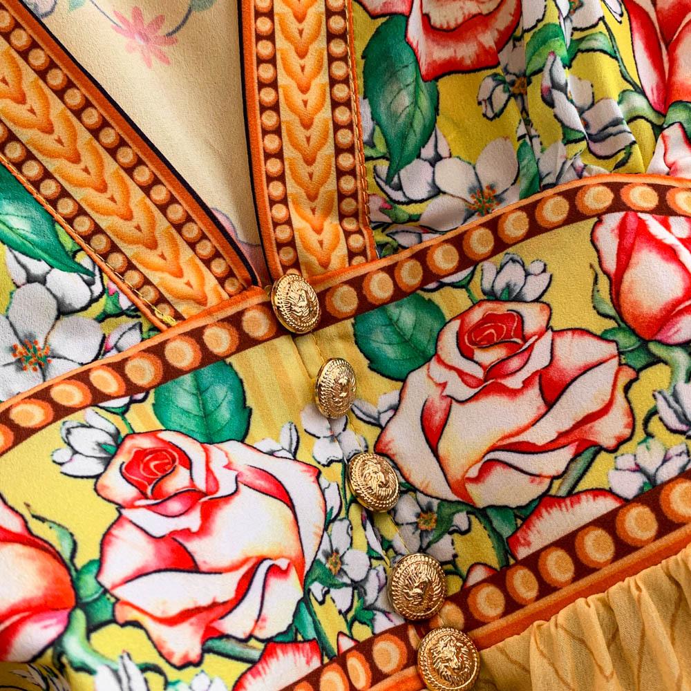 Klänning i resortstil för franska kvinnor Djup V-ringning Inskuren midja Utsvängd ärm Tryckt klänning