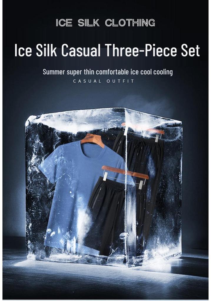 Men's Summer Quick-Dry Ice Silk Solid Color Sports Suit - Large Size Three-Piece Set with Shorts.
