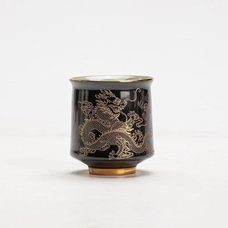 

Black Ground Gold Painted Ceramic Master Cup Dragon Totem Tea Cup Chinese Style Single Kungfu Teacup for Tea
