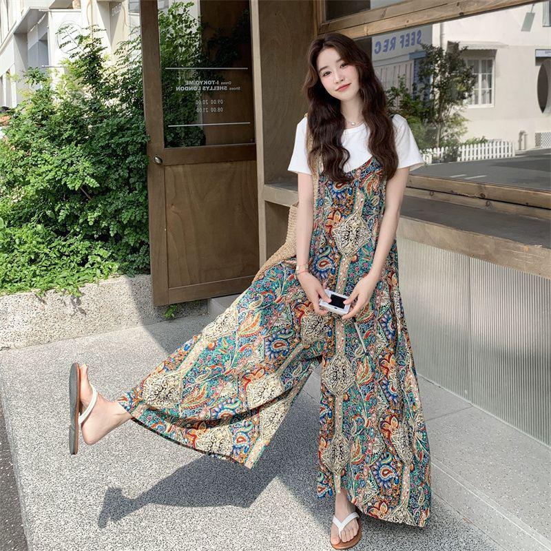 Retro Bohemian Patchwork Wide-Leg Jumpsuit for Women - Strappy, Casual, and Versatile Summer Style