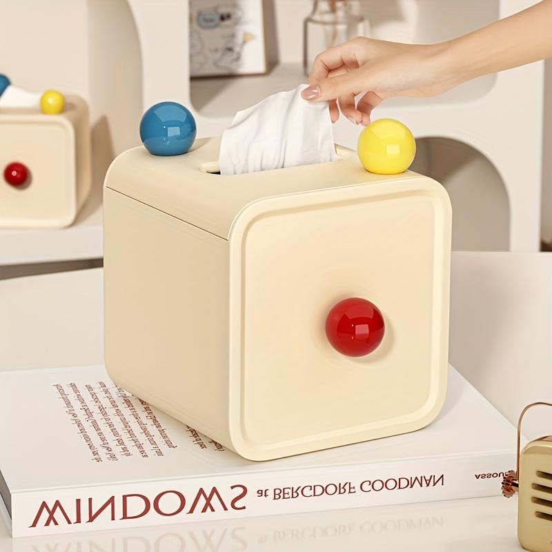 Chic Cream-Style Tissue Box with Colorful Balls - Square Plastic Holder for Bathroom, Living Room & Vanity Countertop Decor