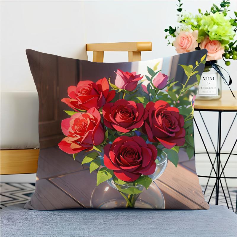 Cartoon Style Rose Pillowcase Dormitory Decoration Office Living Room Home Pillowcase
