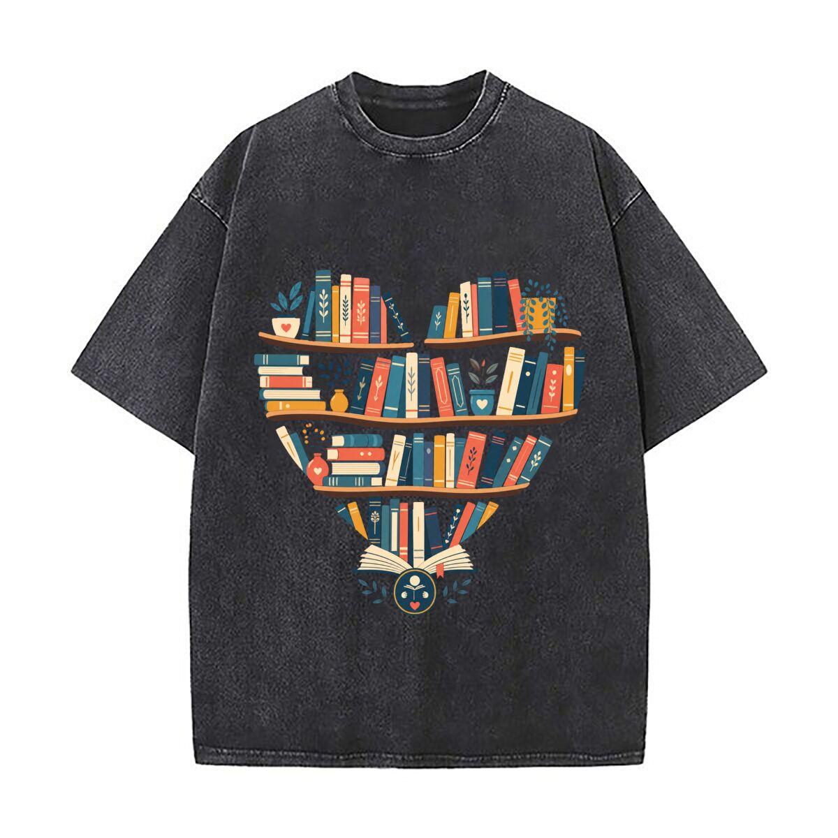 Colorful Book Lover Heart Shelf Retro Washed Distressed T Shirt Men Summer Casual Short Sleeve S