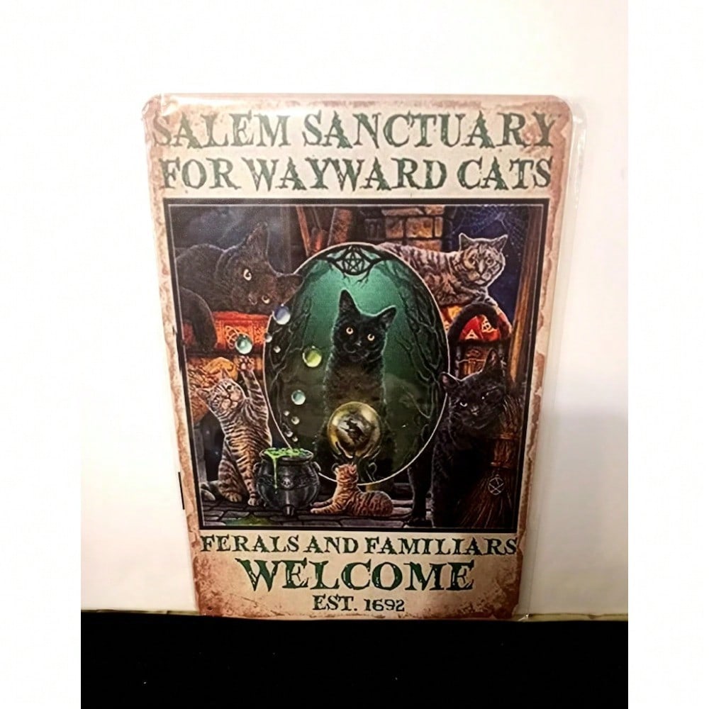 Vintage Halloween Cat Tin Sign Metal Wall Art Witch Decor Home Gift 20x30