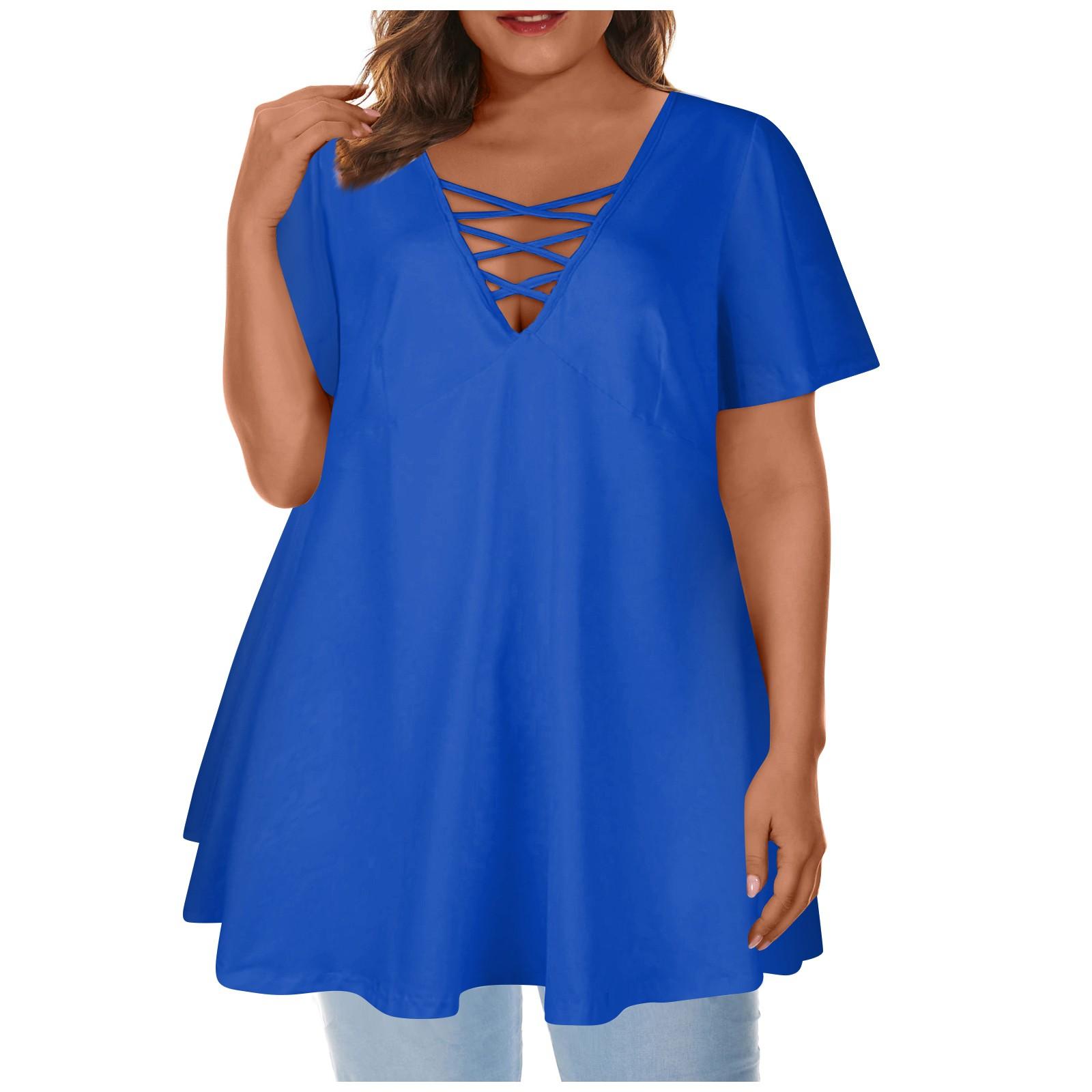 

Женский большой топ с круглым вырезом, однотонный, свободный, глубокий V-образный вырез, сексуальный, А-силуэт, короткий рукав XXXXXL синий