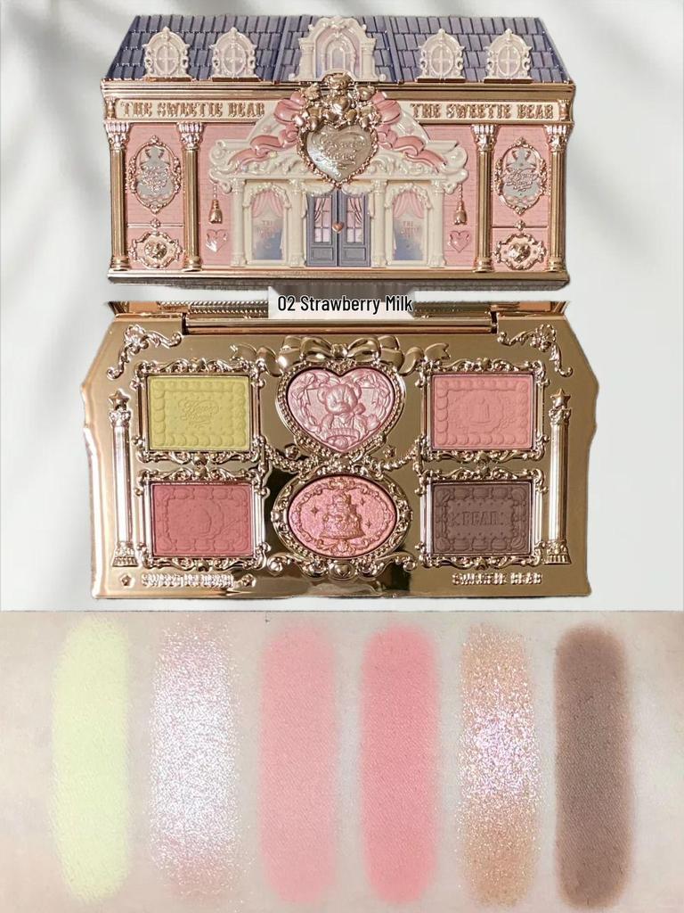 Flower Knows Sweetheart Little Bear: Lip Gloss, Blush, Eyeshadow, Concealer, Palette, Powder Puff, Pendant, Perfume, Eyebrow Tint, Mirror.