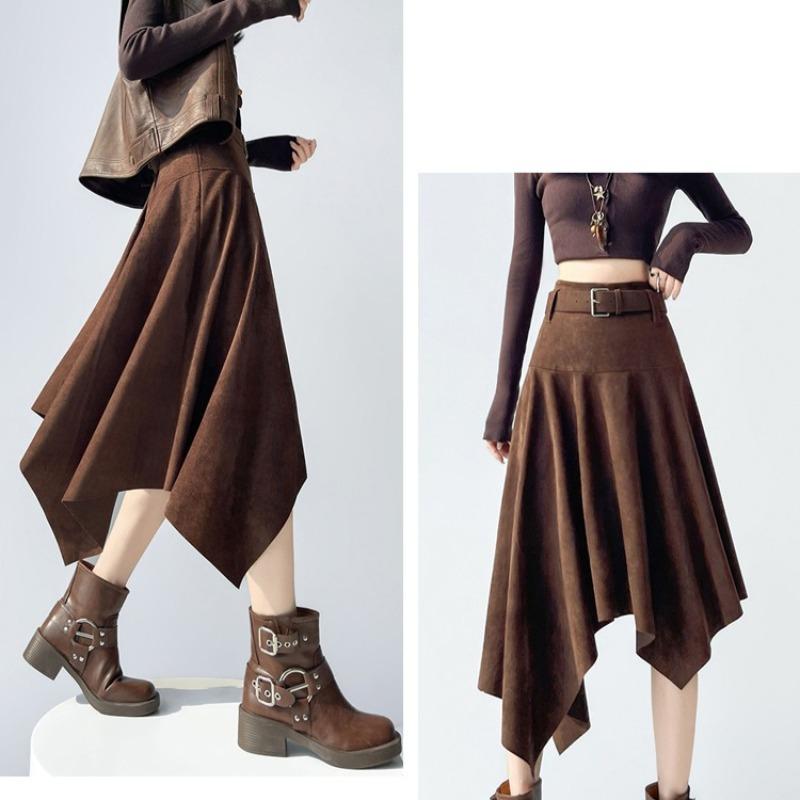 Fustă mini asimetrică vintage din piele întoarsă pentru femei, cu talie înaltă, slim, linie A, fuste midi