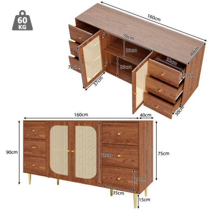 Buffet - MUVOE - 160 X 40 X 90 Cm - 2 Portes - 3 Tiroirs - Rotin Et Bois