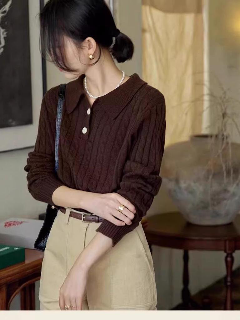 Women's French Retro Wool Cable Knit Polo Cardigan - Autumn/Winter Cashmere Lapel Sweater