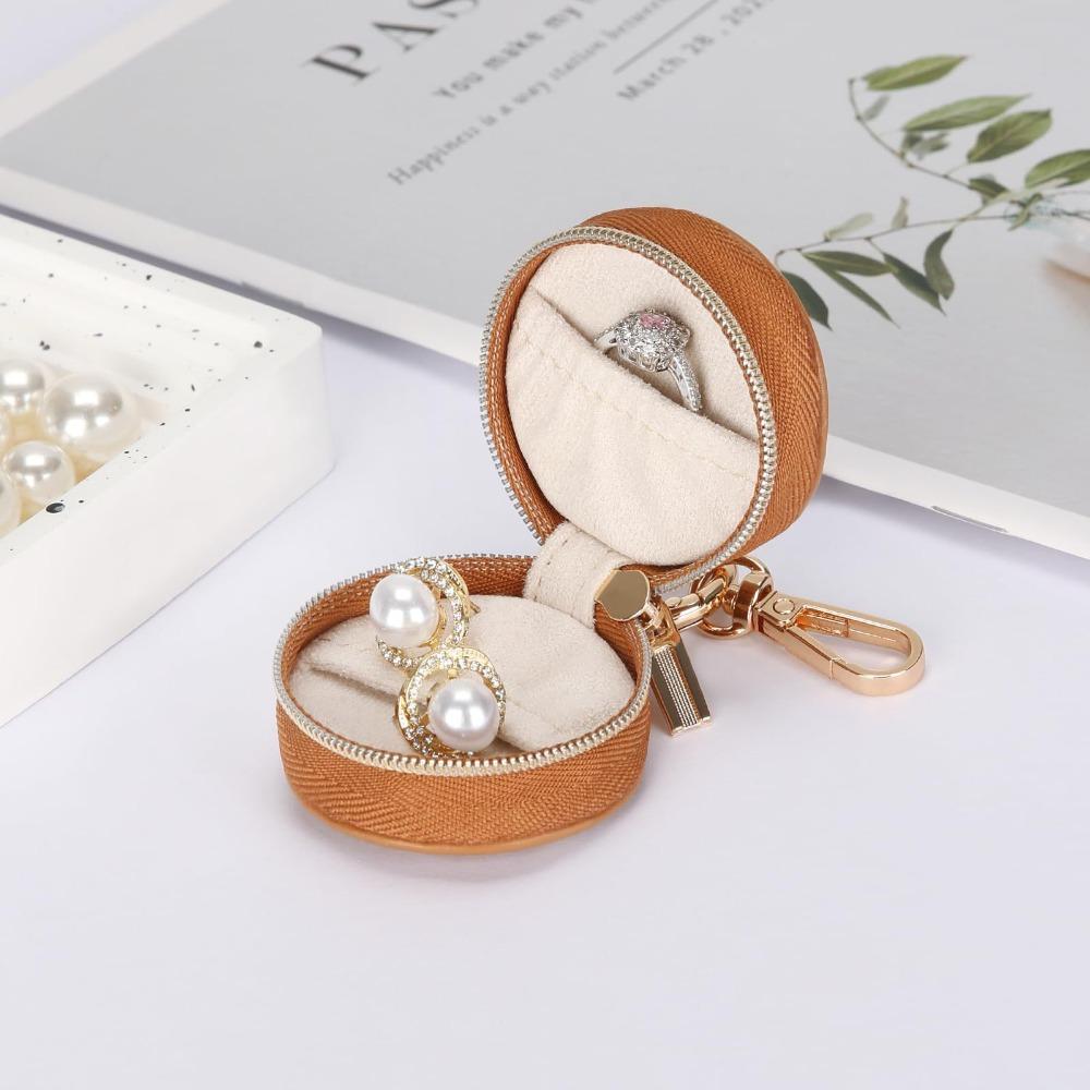 Round Portable Jewelry Storage Bag Necklace Ring Jewelry Box Storage Case With Keychain  Women