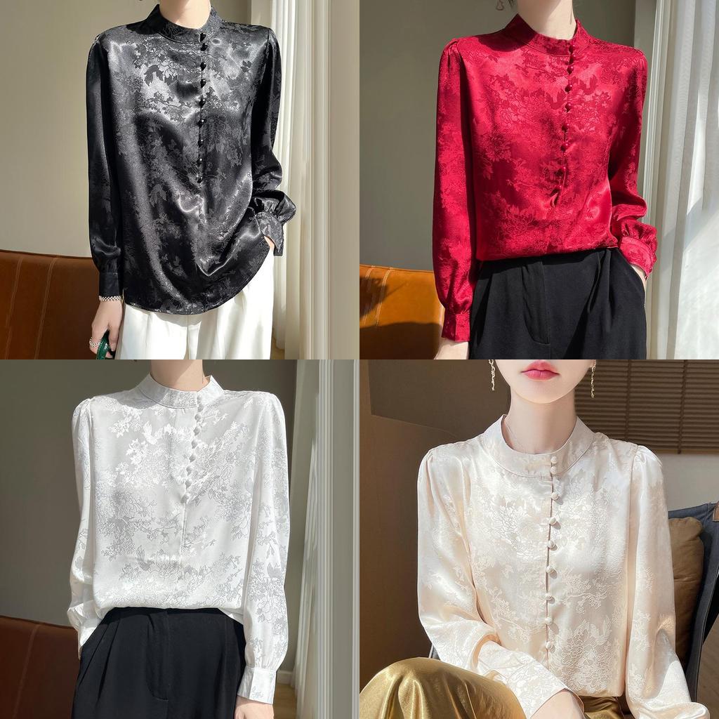 Satinseidenbluse für Damen mit Stehkragen und Taschen für Büro und Freizeit