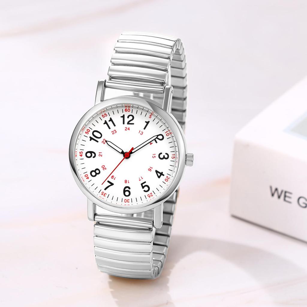 Elastic Strap Quartz Watch with Stainless Steel Analog Arabic Large One Size Fits Casual Perfect for or Any Women's Watch, 24-Hour Waterproof