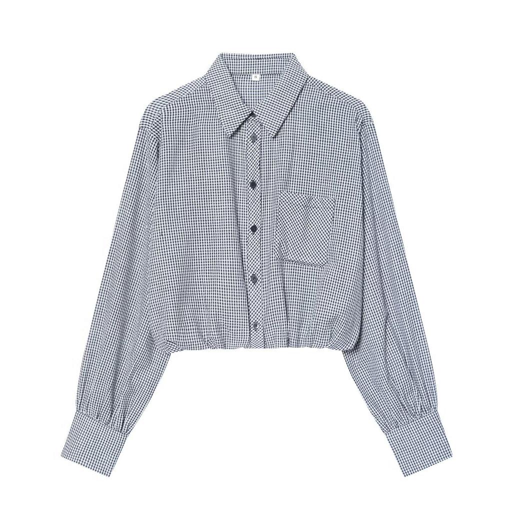 Cross2026 Spring/Summer Women's Versatile Casual Plaid Balloon Shirt with Pocket Decoration.