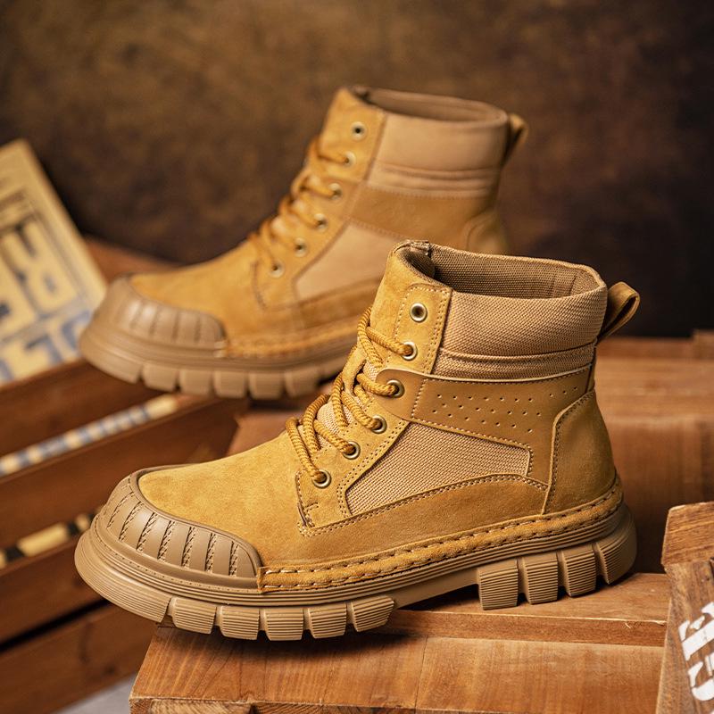 Men s Retro American Genuine Leather Ankle Boots, Mid-Top Style with Thick Sole for Autumn Workwear in Big Yellow. 39