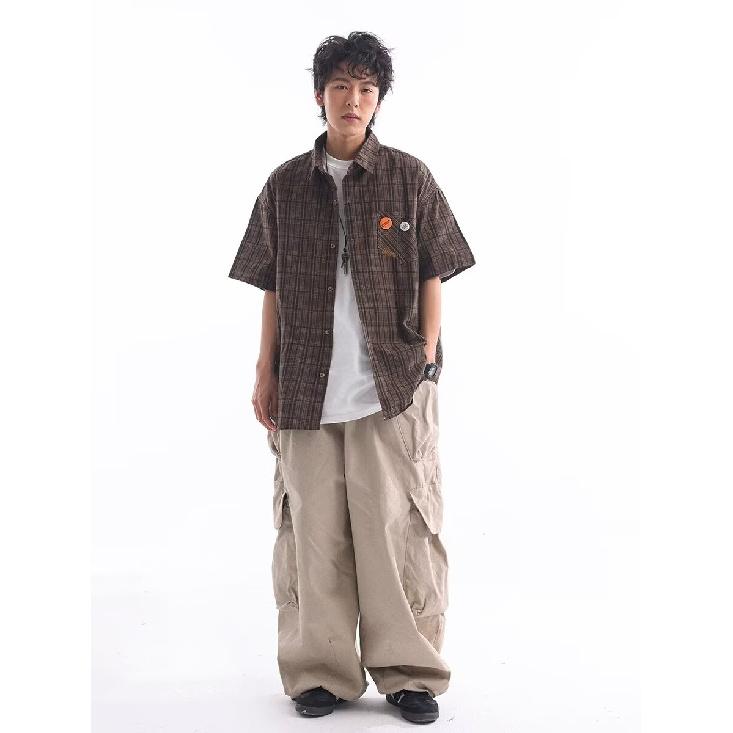 Checkered Striped Summer Thin Collar Short Sleeved Shirt Casual Loose Men'S And Women'S Five Quarter Sleeve Trendy Brand Shirt