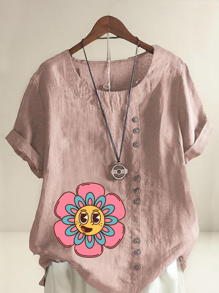 Women s Fashion Sunflower Print Shot Sleeve T-shirt Loose Cotton Shirt Casual Loose Summer Blouse Tops Plus Size S