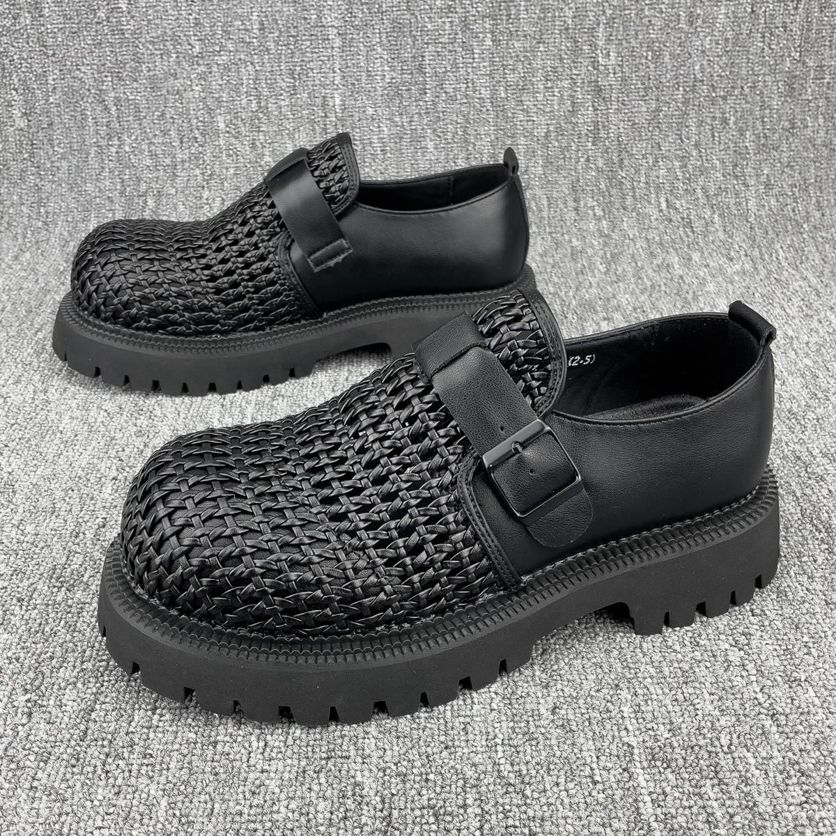 

Leather shoes men s 2025 new woven big head Derby shoes thick sole hollow breathable British casual hole shoes 44