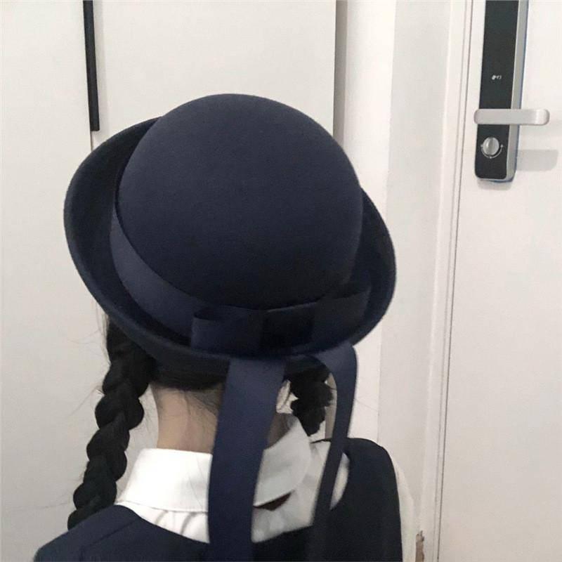 Korean Style Woolen Flat Top Hat With Ribbon For Women Autumn