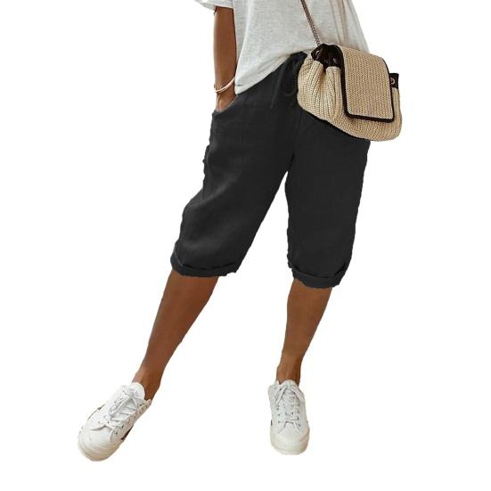 Leinen-Bermudashorts für Damen Knielang Elastischer Tunnelzugbund Shorts Sommerlich Lässig Strandoutfits mit Taschen