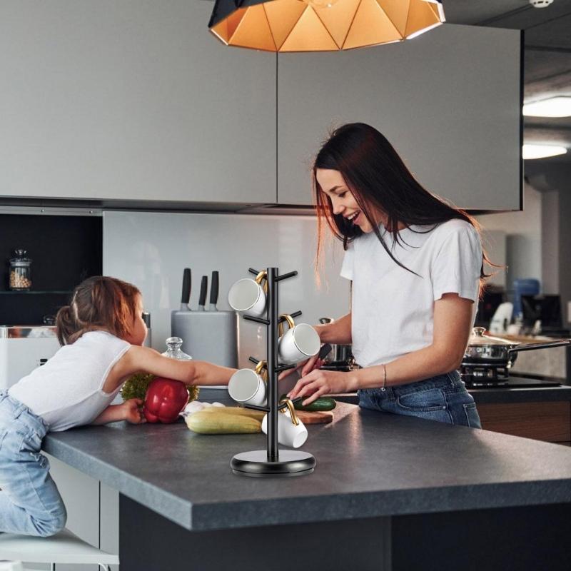 Modern Black Bamboo Mugs Tree Stand With 8 Hanging Hook, Space Saving Coffee Cup Organizers