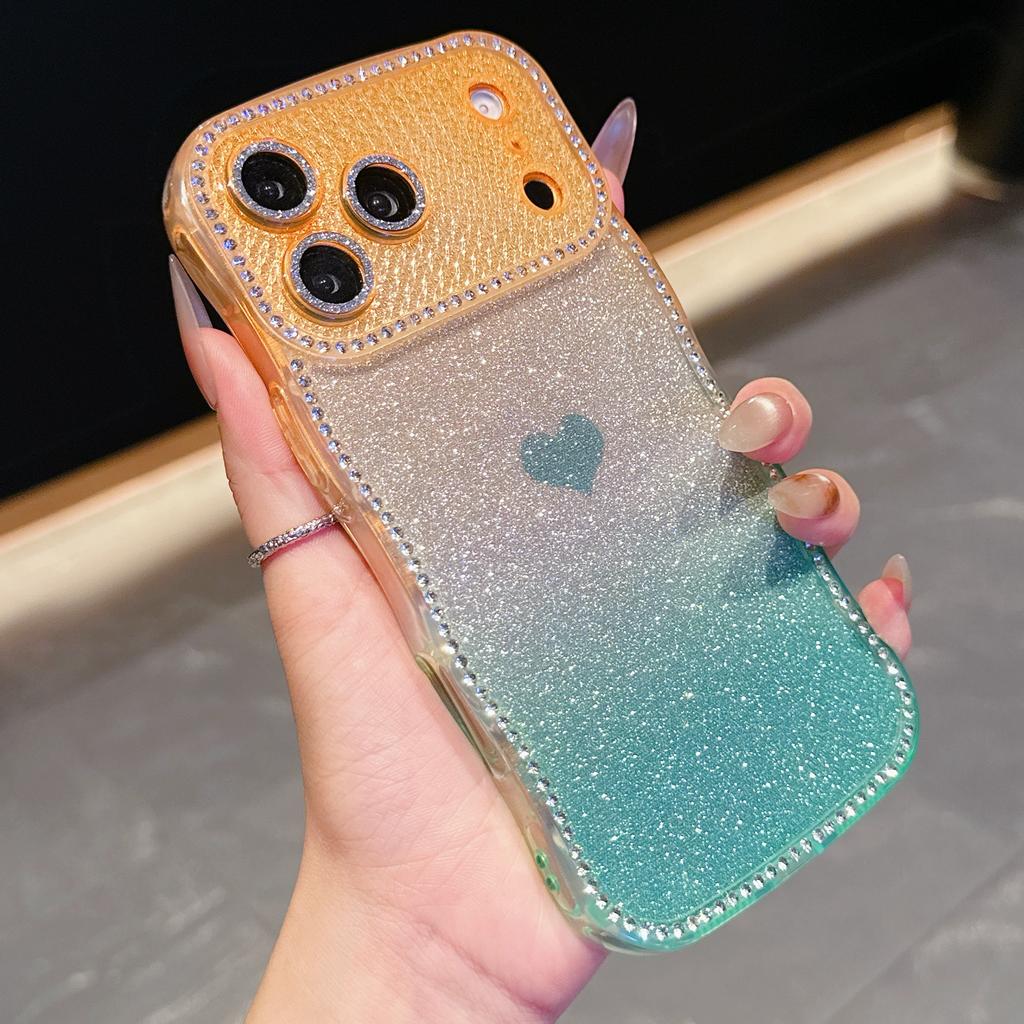 For iPhone 17 Pro Case Sparkle Rhinestone Decor TPU Phone Cover with Glitter Gradient Card