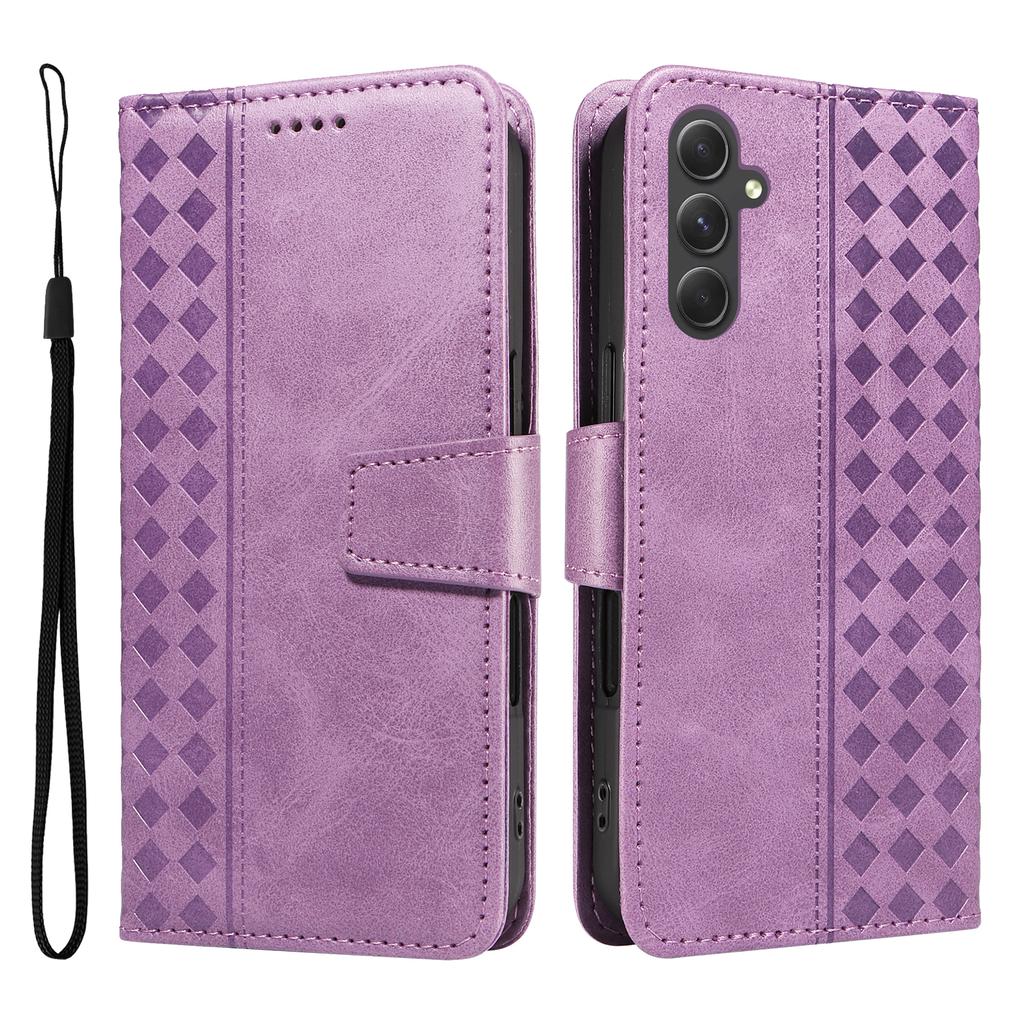 For Samsung Galaxy A54 5G Leather Case Wallet Stand Grids Imprinted Phone Cover with Strap