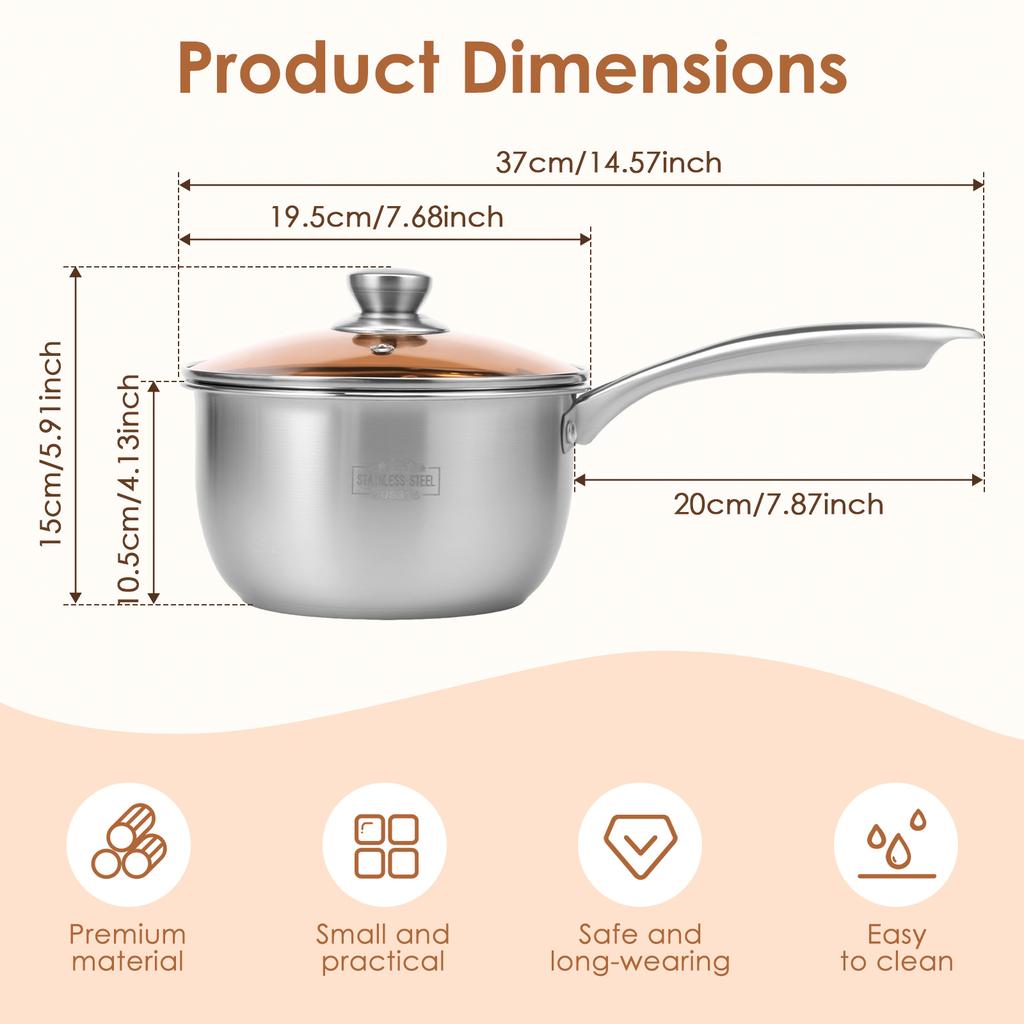 Stainless Steel Milk Pot Non-stick Sauce Pot Heavy Duty Sauce Milk Pan Multi-purpose Induction Cookware Pots for Cooking Kitchen