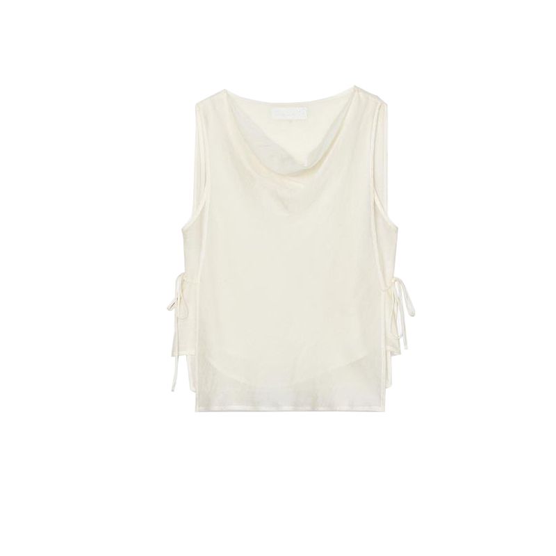 

Summer New Product Women s Clothes Bowknot Decoration Wrinkle Effect Draped Collar Sleeveless Short Shirt Tops 3666801 raw white L