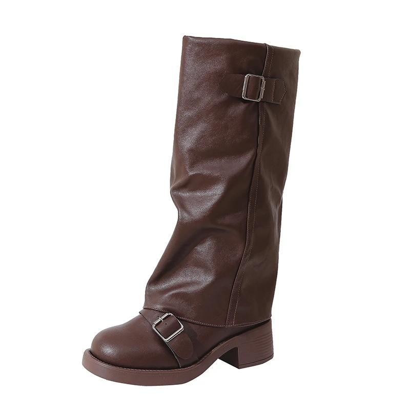 Fashion Round Toe Buckle Solid Modern Boots Autumn Knee-high Ladies Shoes 2025 Hot Sale Slip-on Mid Heel Sqaure Heel Women's Boots