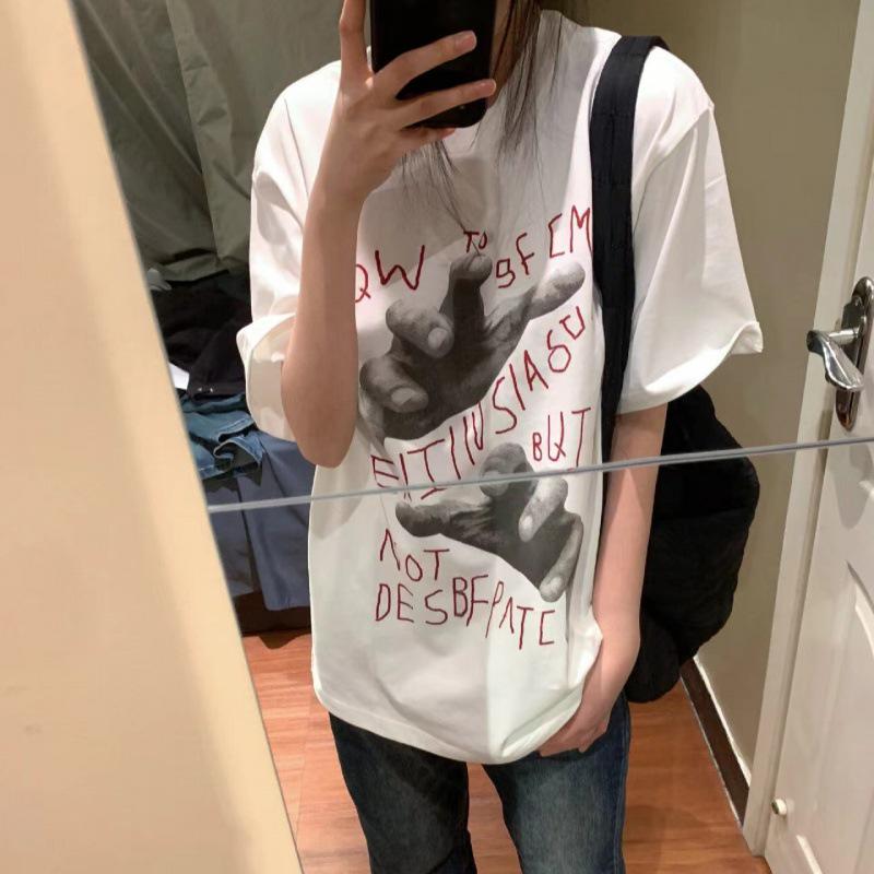 

Women s Retro Letter Print Short Sleeve Cotton T-Shirt - Hip Hop Loose Fit, Round Neck, Casual Summer Top XL (Length 74cm) білий