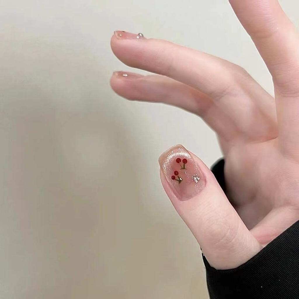 Pure Hand-made Phototherapy Wearer Hand-painted Cherry Finished Product Reused Nail Art Patch Disassembled and Flashed