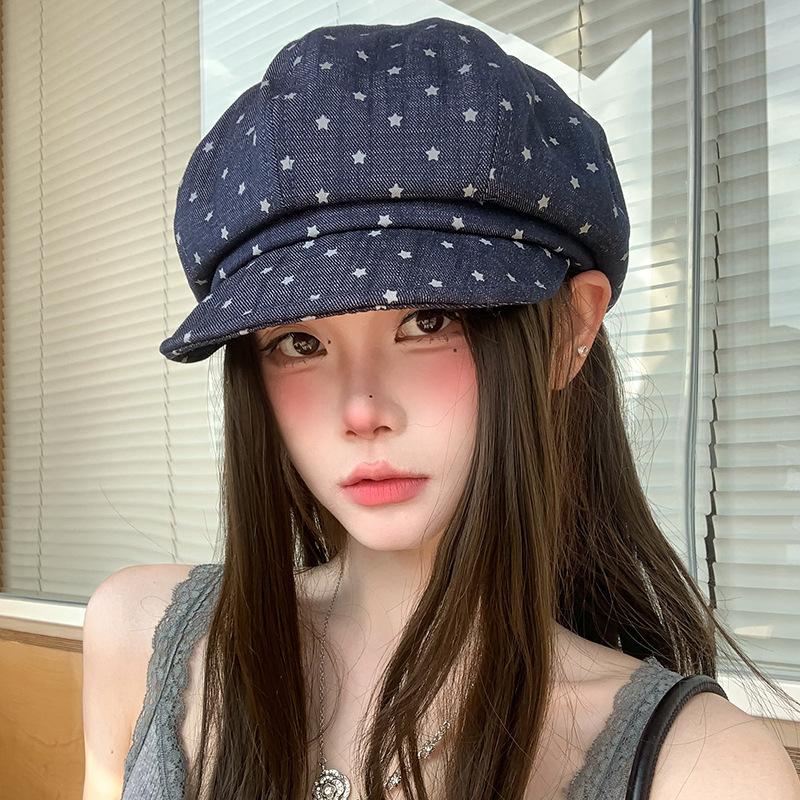 Star beret children spring and autumn versatile big head circumference cloud octagonal hat showing face small versatile painter hat