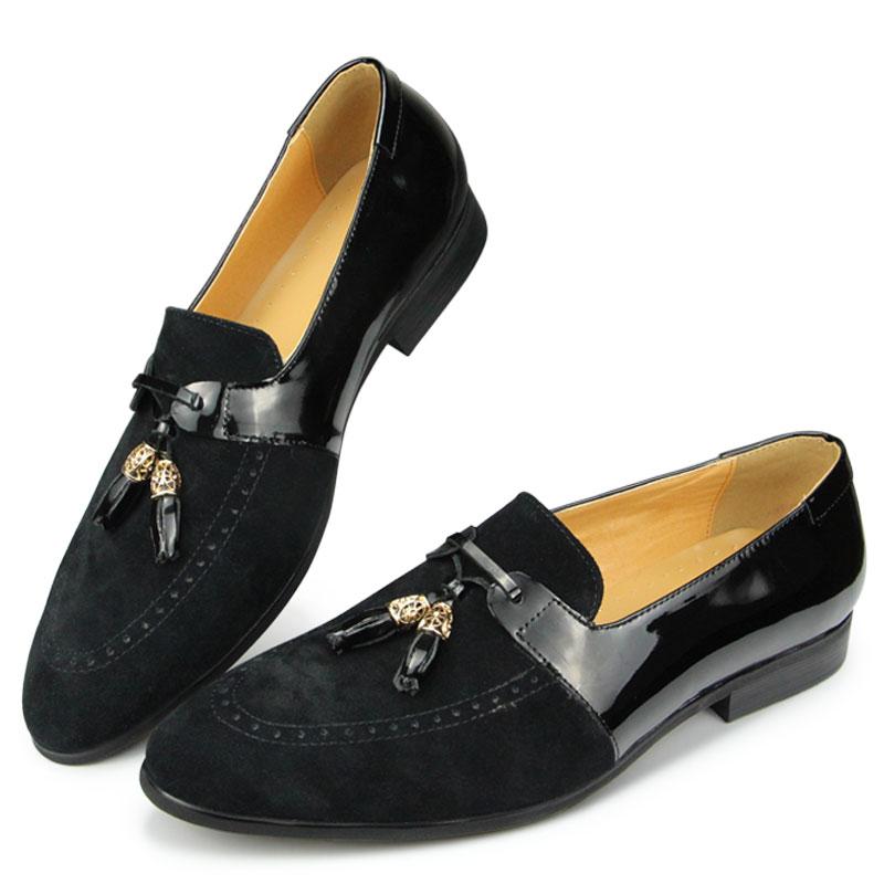 

Модные мужские лоферы ручной работы, повседневные, из натуральной кожи, с кисточками, из коровьей замши, пэчворк, из лакированной кожи, черные, дышащие, офисная модная обувь 46 чёрный