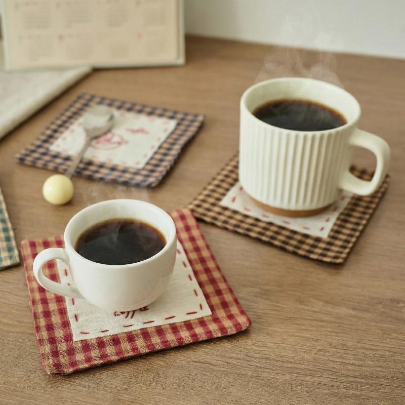 4PCS Cotton Linen Coffee Cup Mats Rustic Farmhouse Style Crochet Embroidery Coaster Absorbent Placemats for Kitchen Table Decor