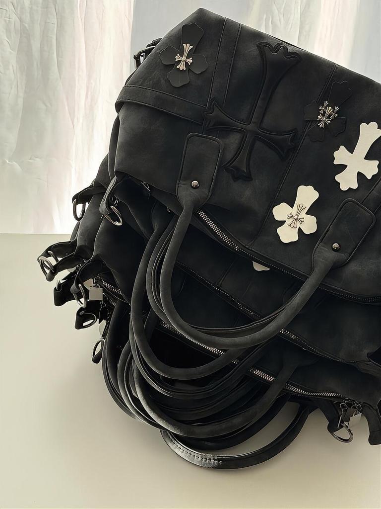 2025 Little Red Book Chrome Hearts Black & White Patchwork Travel Bag with Roman Metal Cross Shoulder Strap
