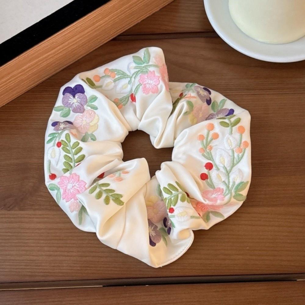 Satin Embroidery Hair Scrunchies Colorful Hair Ropes Elegant Floral Scrunchies  Rubber Bands