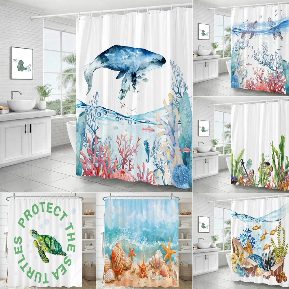 Dolphin Shower Curtain Blue Underwater World Marine Life Polyester Fabric Kids Ocean Theme Bathroom Curtain Decor with Hooks
