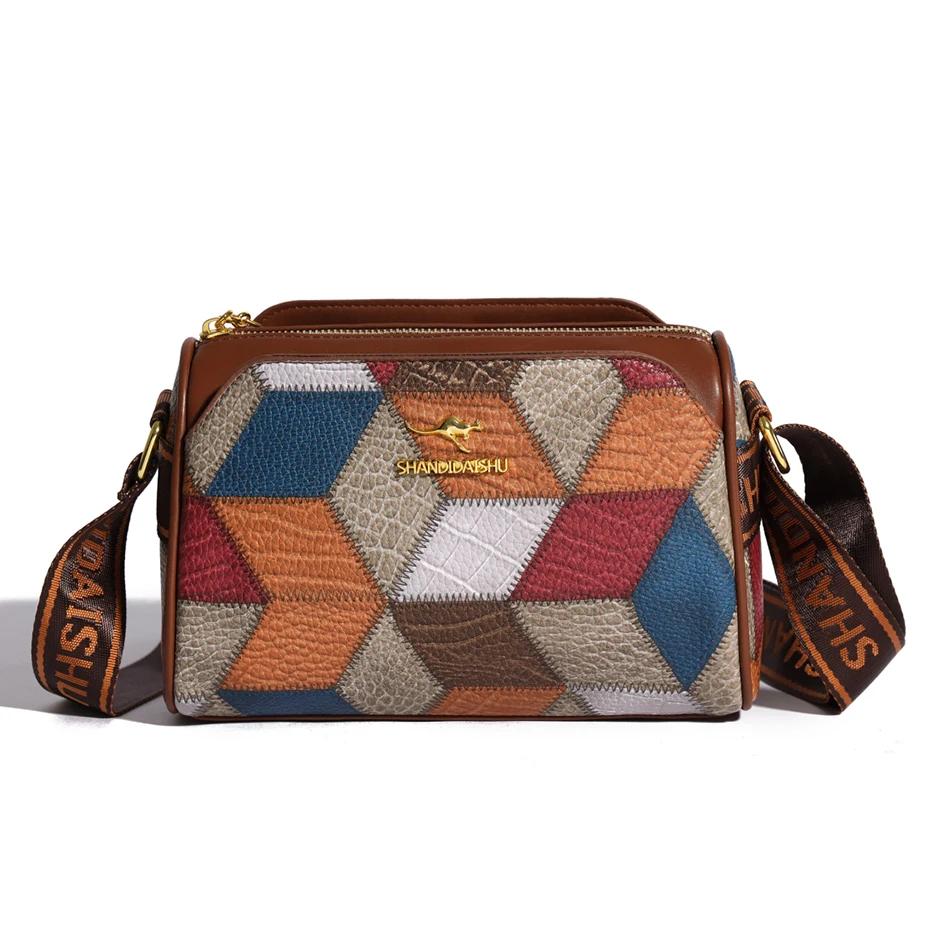 Damen Weiches Leder Patchwork Schultertasche Umhängetaschen Freizeittaschen Modetaschen Femininer Stil