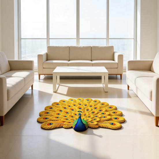 Tapete de Chão Estampa Pavão 3D Macio Antiderrapante Decorativo Tapete Casa Sala de Estar Quarto Porta Fácil de Limpar Carpete