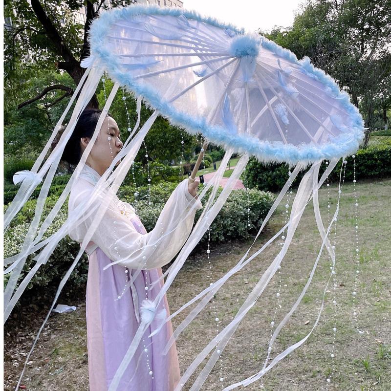 LED Chinese Japan Yarn Oiled Paper Silk Cloth Umbrella Costume Ancient Princess Umbrella Drama White Craft Umbrella Cosplay
