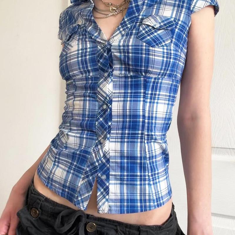 

Casual Plaid Shirt Lapel Pocket Button-up Cardigan Temperament Top Short S