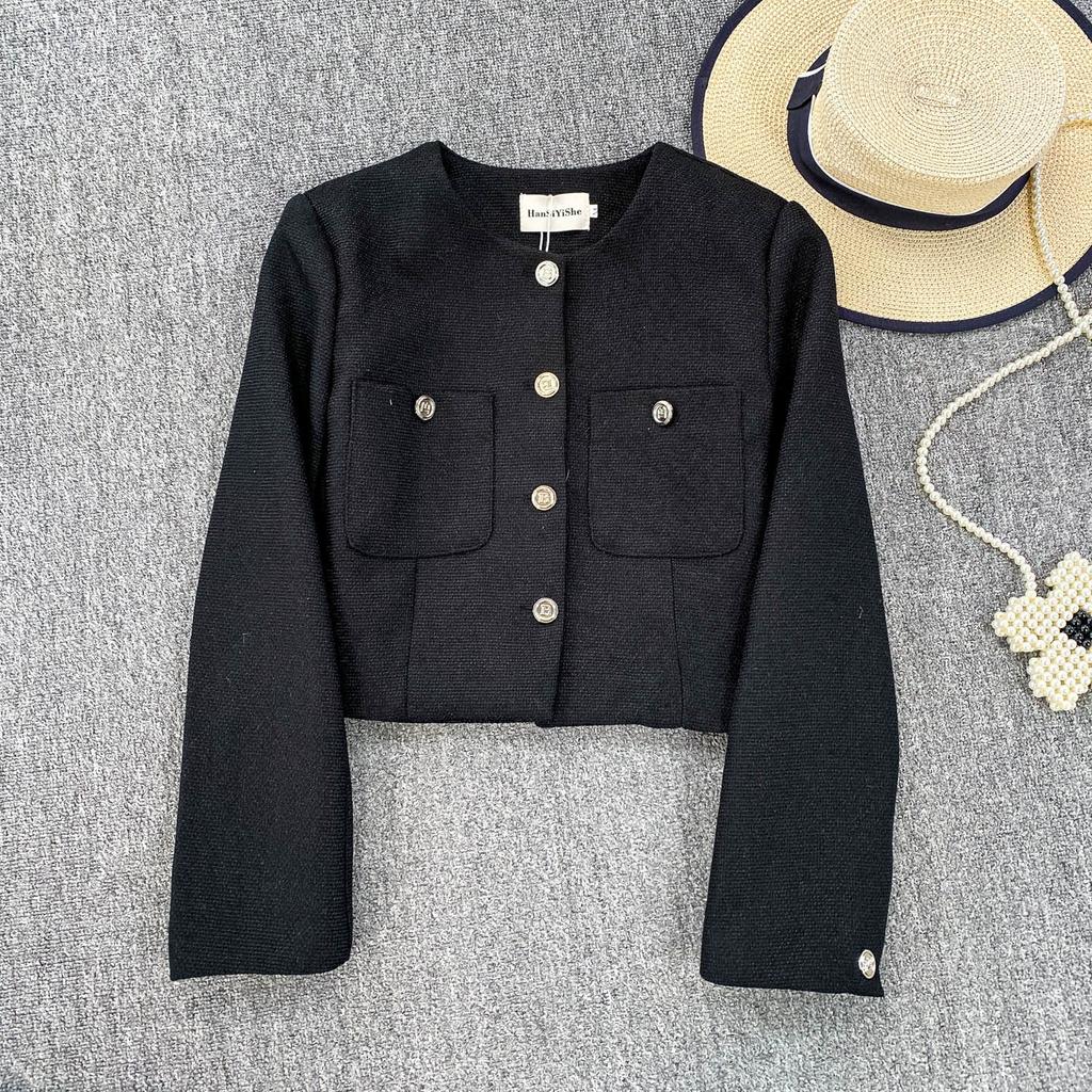 Autumn Winter Women Elegant Little Fragrant Wind Full Sleeve Single Breasted Tweed Short Jacket Coat with Pocket