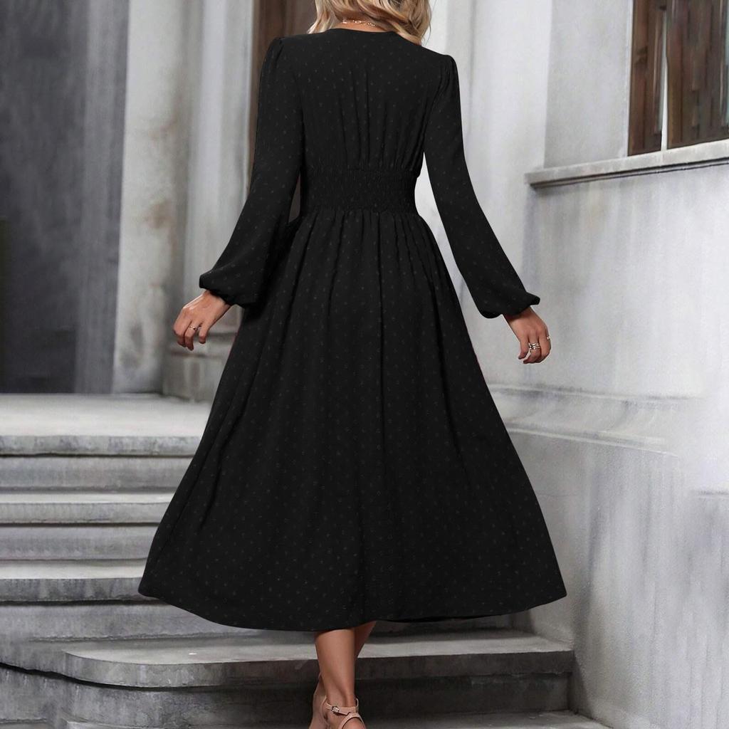 Damen Modisches Einfarbiges V-Ausschnitt Langarm Plissiertes Vielseitiges Kleid