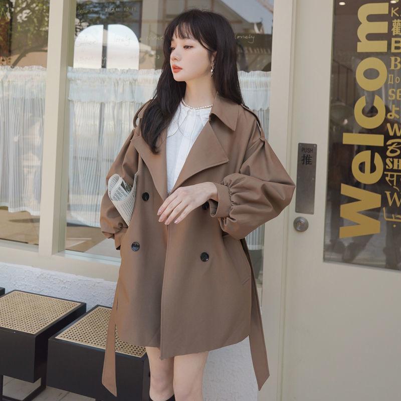 Coffee Colored Short Windbreaker Jacket for Women Spring and Autumn Collection Lantern Sleeve Coat