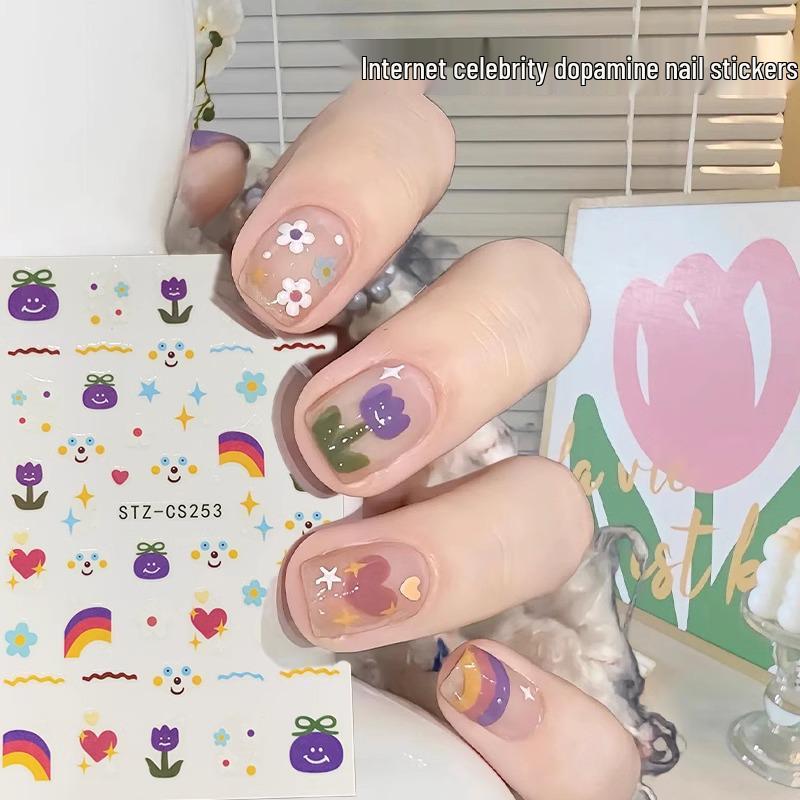 

Дофаминовые наклейки для ногтей: Милый мультяшный радужный маникюр-макарон 2025