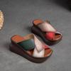 Johnature Retro Women Peep Toe Wedges Slippers Genuine Leather Thick Sole Slides Fashion Platform Shoes