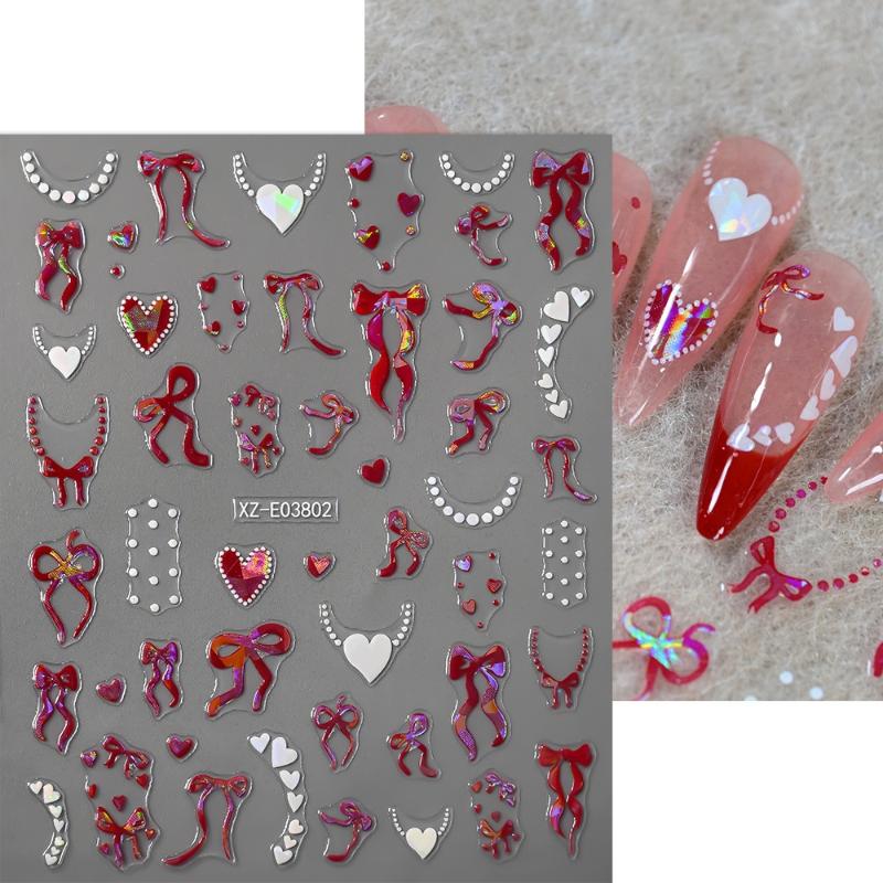 Aurora Francuska Wstążka Serce Naklejki na Paznokcie Perłowy Łańcuszek Miłość Klejące Naklejki na Paznokcie Walentynkowe Kokardki Naklejka do Manicure