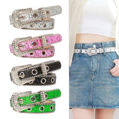 Women Belt Glitter Sequins Shiny Rhinestones Multi Holes Adjustable Length Waistband Imitation Leather Street Style Belt