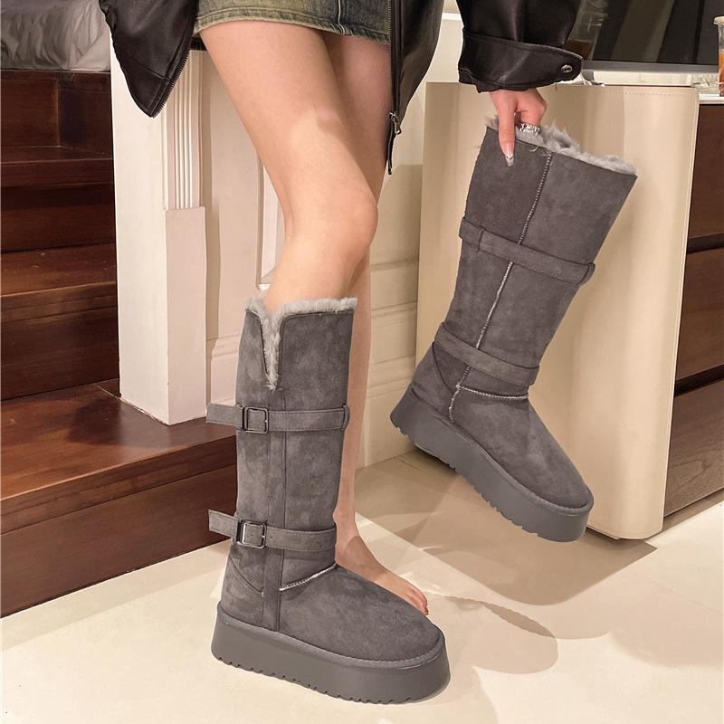 Gray long snow boots women's 2025 winter new thick-soled heightening piled thickened short tube Northeast snow cotton shoes