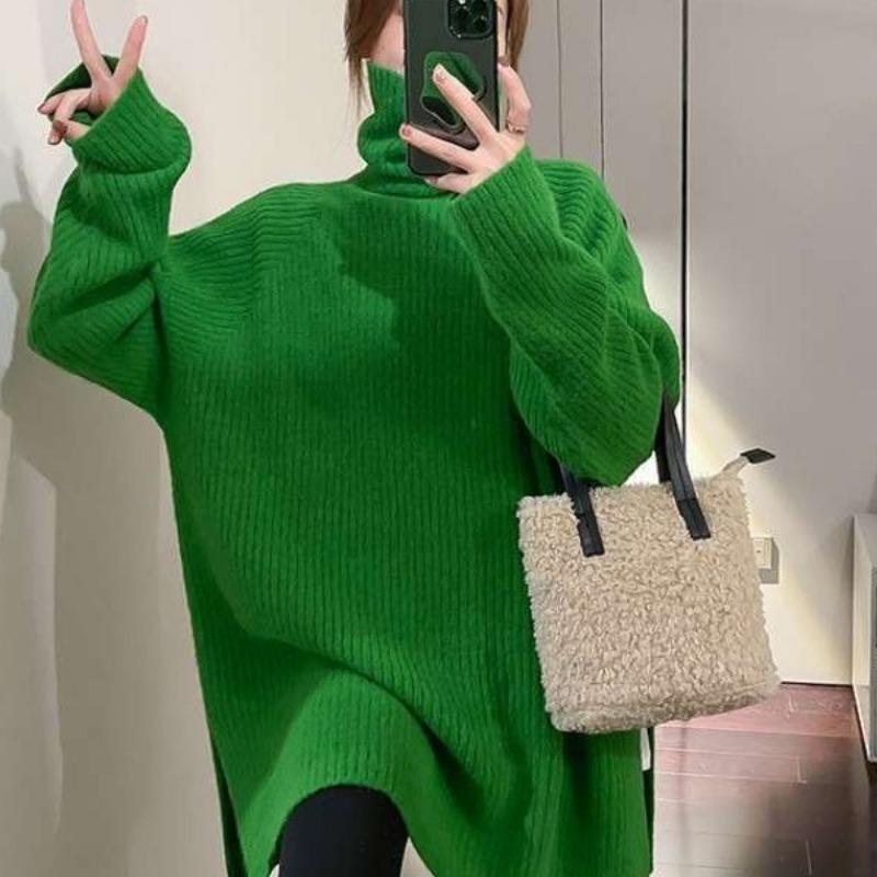 Khaki turtleneck lazy sweater women's autumn and winter new design sense split fork medium and long bottom top